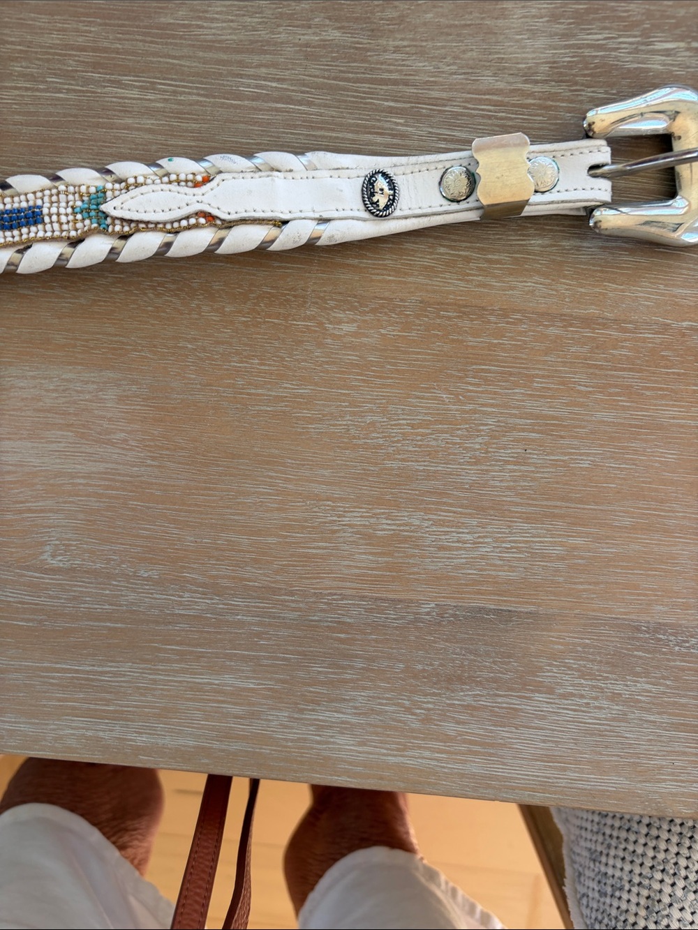 Al Beres White Beaded Braided Leather Belt